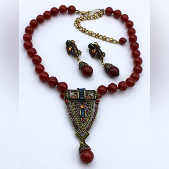 HEIDI DAUS MULTI CRYSTAL CARNELIAN BEAD STRAND NECKLACE /EARRING